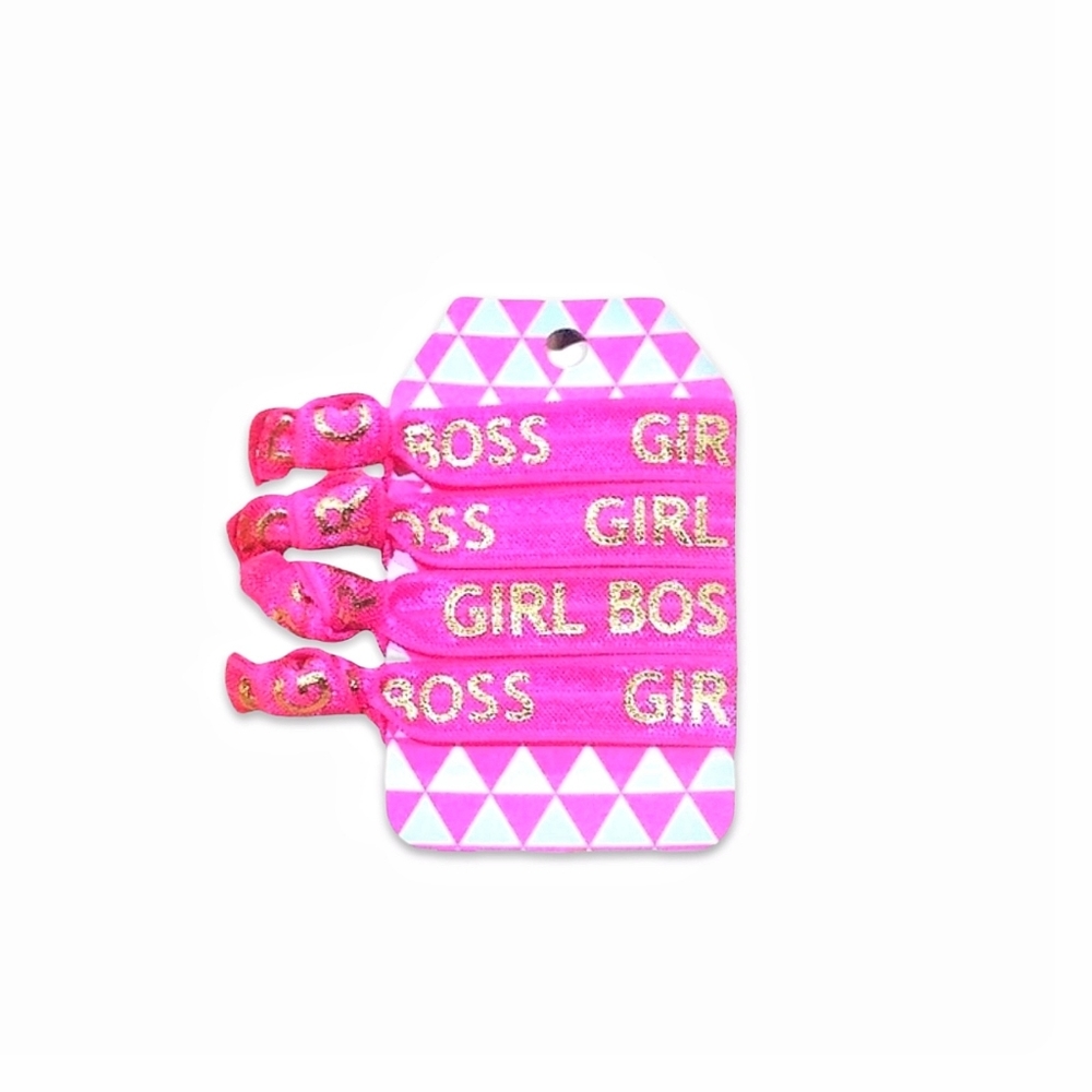Girl Boss Theme Pink & Gold Handmade No Crease FOE Elastic Hair Ties 4-Pack